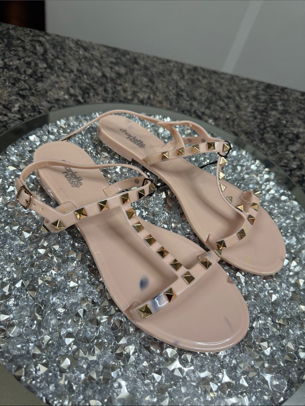 Charlotte Russe Blush Pink T-Strap gold Studded Sandals new 8